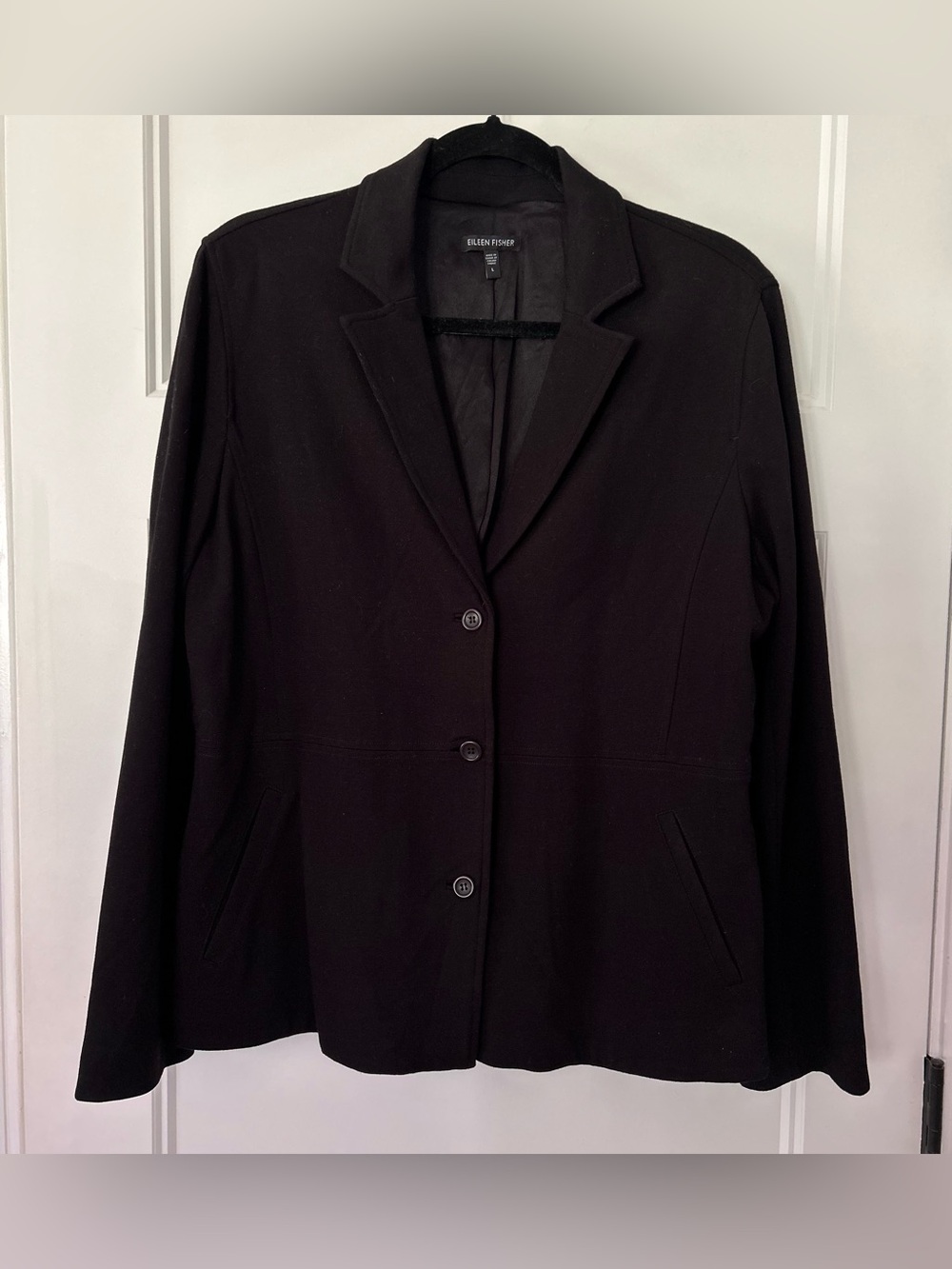 Eileen Fisher Black Stretch Knit Blazer Jacket Silk Lined Italian Fabric L
